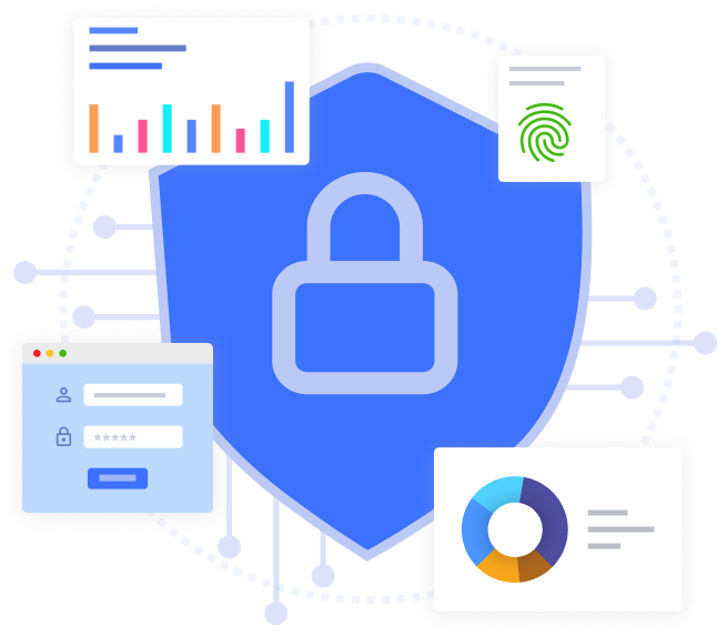 Security illustration showing shield, graphs, and security elements